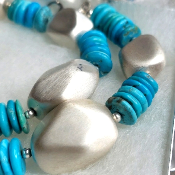 CA ITALY 925 TURQUOISE HEISHI STYLE & TEXTURED PUFFY BIG BEADS DESINGER NECKLACE - Picture 3 of 5